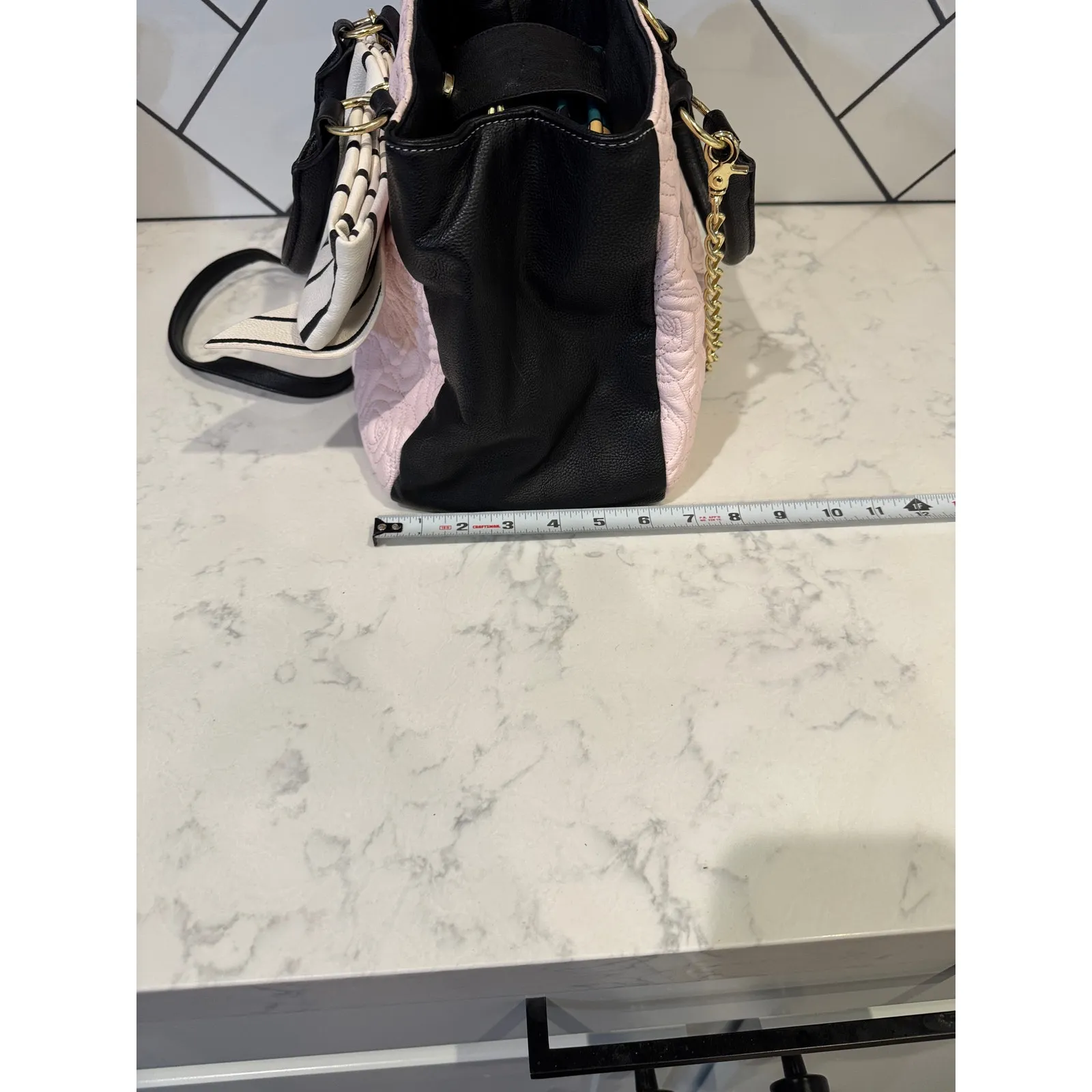 Betsey Johnson faux leather satchel quilted rose pattern striped bow pink black - Image 15