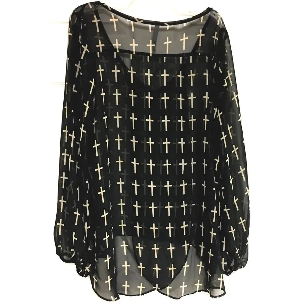 Love Culture Sheer Crosses Top Black Medium - Image 4