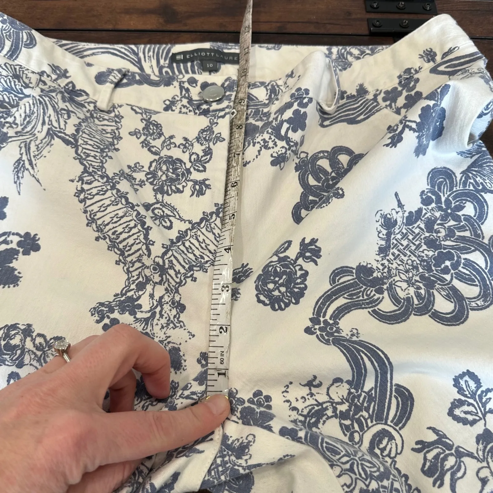 ELLIOTT LAUREN Womens Size 10 Pants White Blue Floral Print Stretch Cotton - Image 9