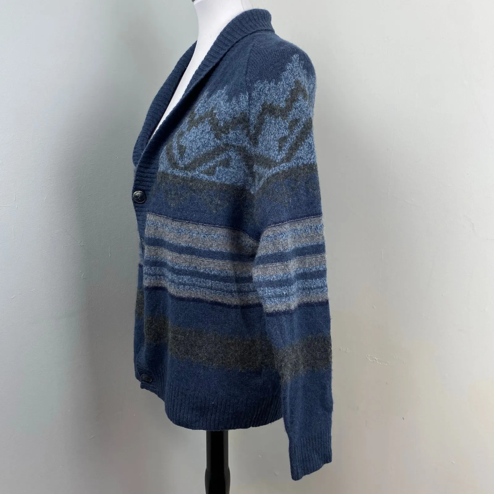 Hudson North Fair Isle Shawl Collar Cardigan Sweater Blue Grey Wool Cotton Large - Image 3