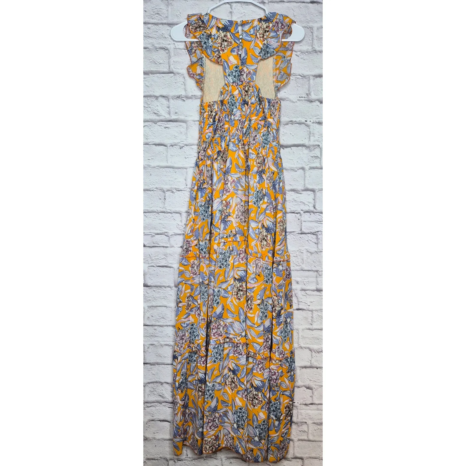 Melloday Floral Maxi Dress Size M Orange Smocked Bodice Flutter Sleeve Tiered. - Image 4