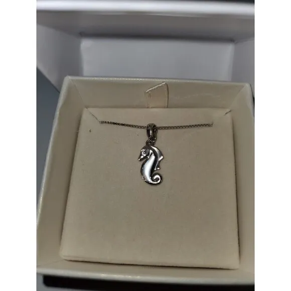 Seahorse Mother Of Pearl Diamond Necklace 18" Silver Box‎ Chain - Image 2