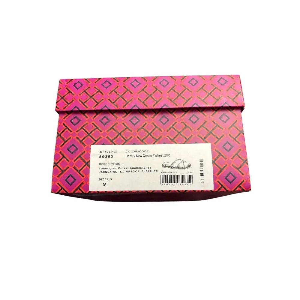 Tory Burch T Monogram Crisscross Espadrille Cream Slide Sandals Size 9 New - Image 6