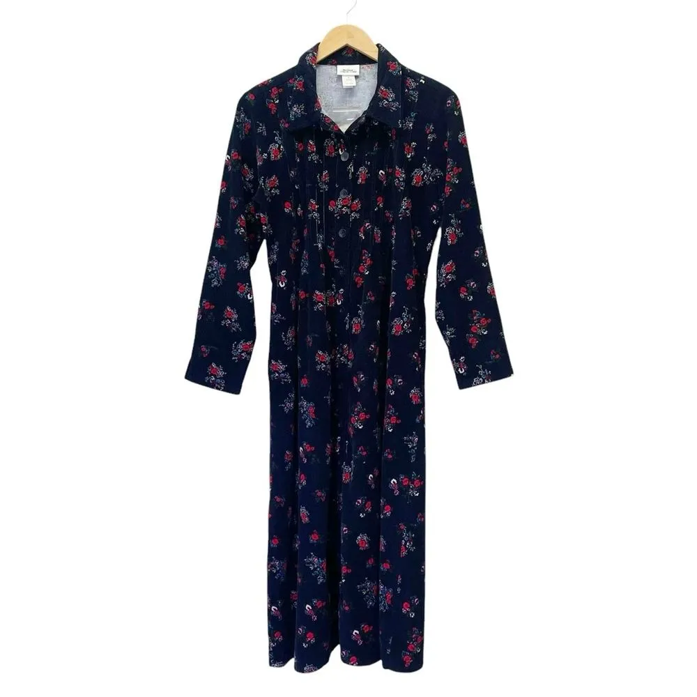 Vermont Country Store Pintuck Cotton Corduroy Dress Navy Blue Floral Size Medium - Image 8