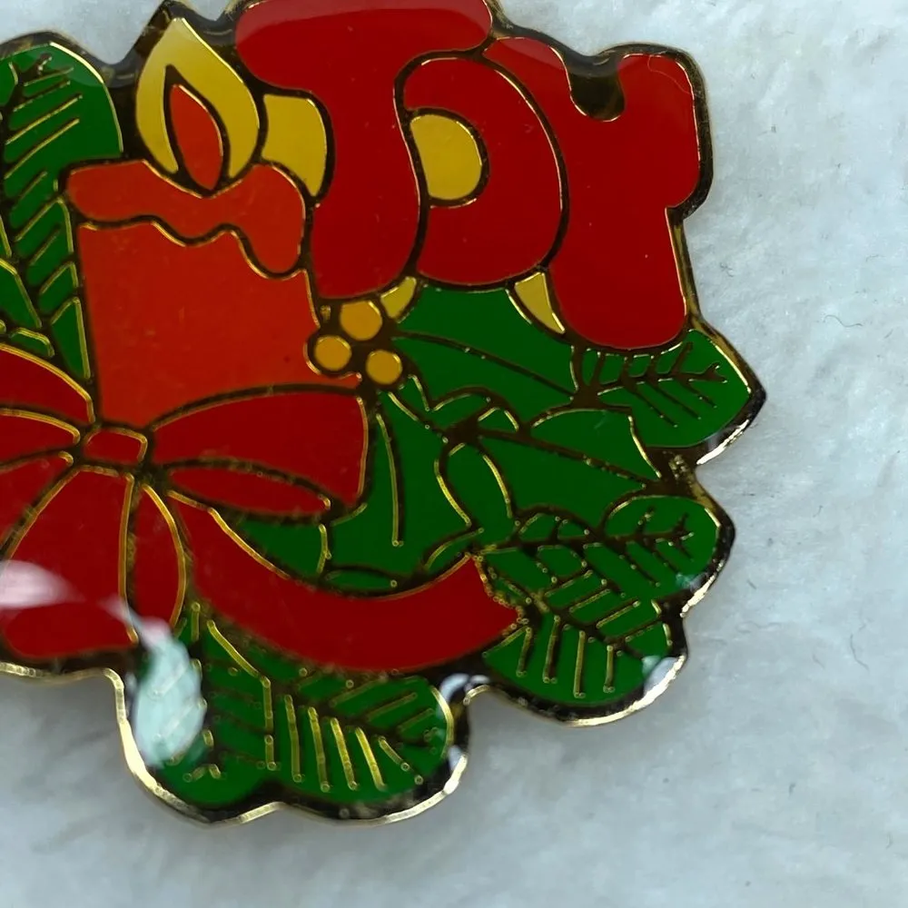 Christmas Holiday Enamel Pin Brooch Joy Candle Holly Bow Vintage - Image 4