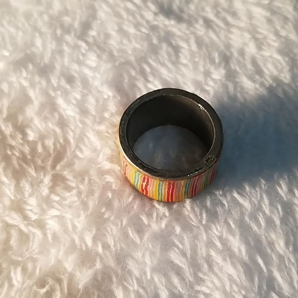 Multicolored Striped Thick Band Ring Yellow - Image 5