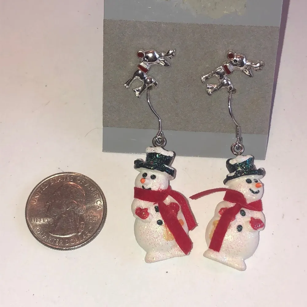 Christmas Winter Snowman & Reindeer Pierced Boho Earrings Red - Image 2