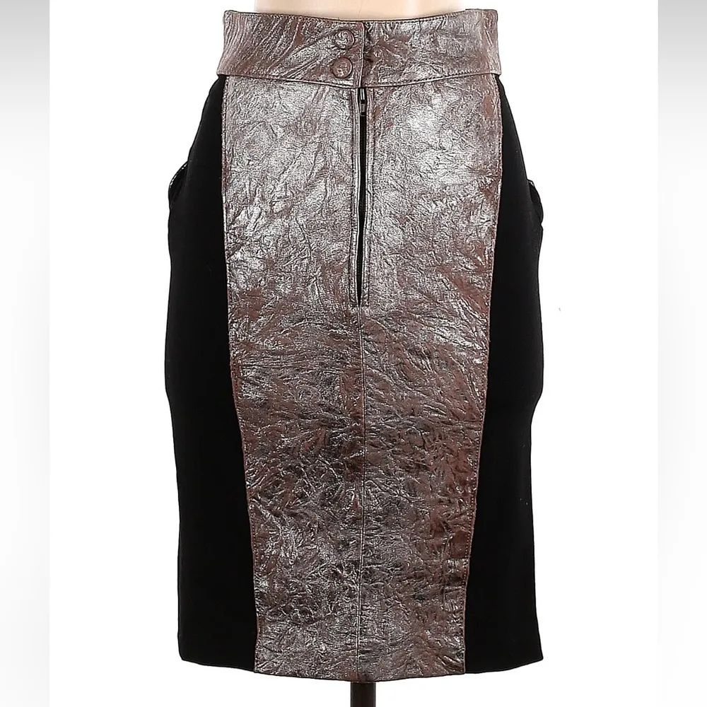 CATHERINE MALANDRINO Rocker Lamb Leather Contrasted Pencil Skirt Size 4 Small S - Image 2