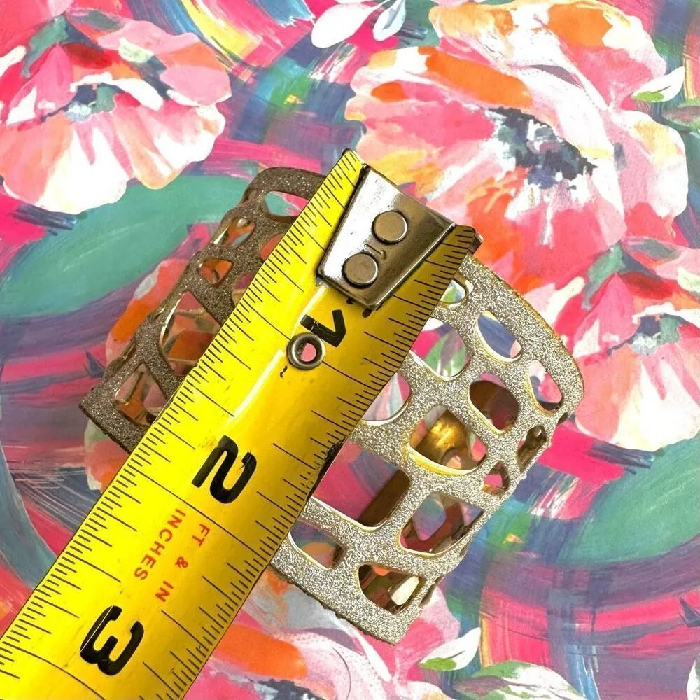 Silver gold tone wide cut out open cuff bracelet - Image 5