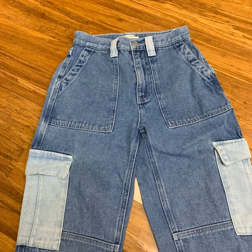 Pacsun Denim Cargo Pants Women Size 23 Two Tone Pockets High Waist Jeans Utility - Image 2