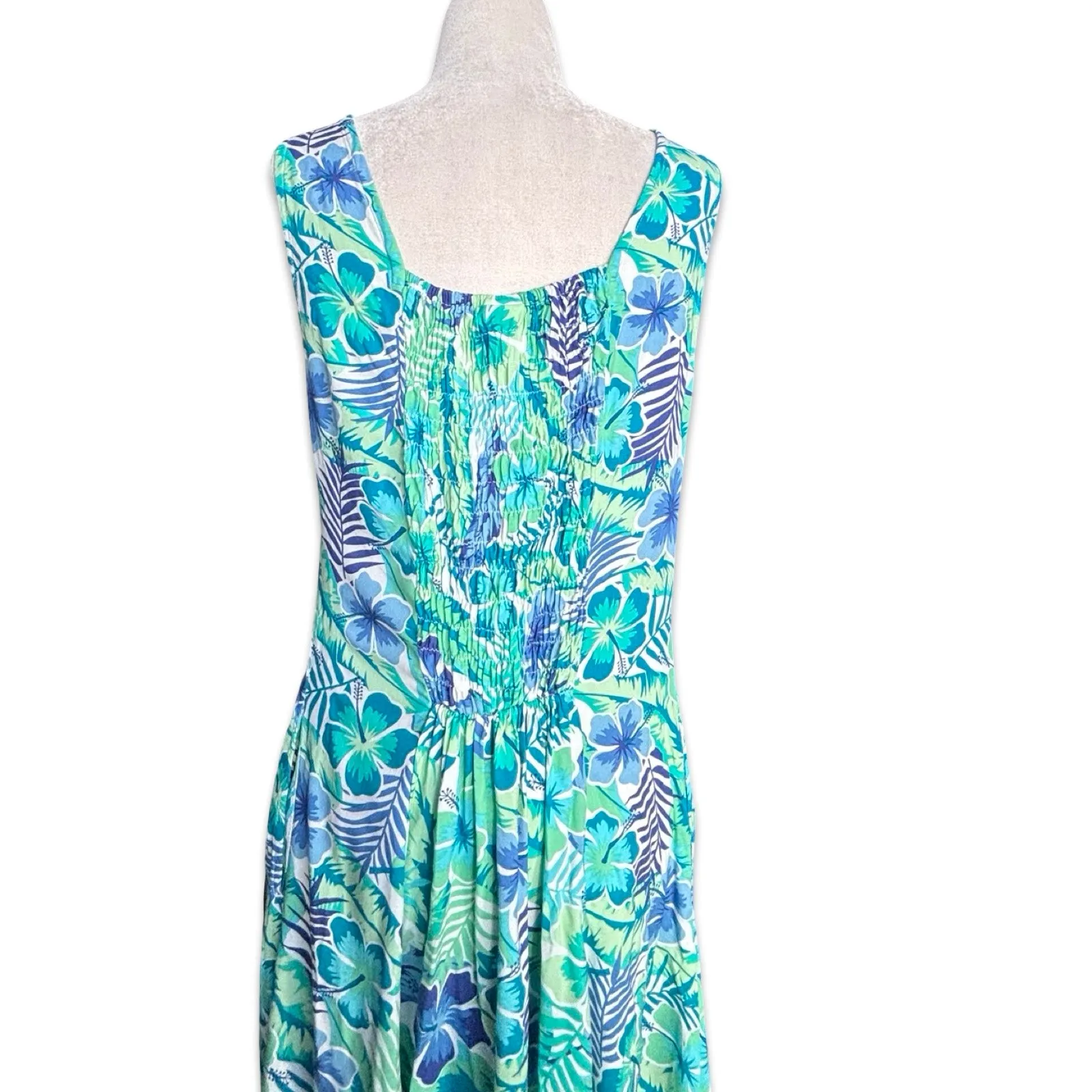 Vintage Teal Tropical Floral Maxi Dress Sleeveless Button Front Rayon Vacation Blue - Image 6