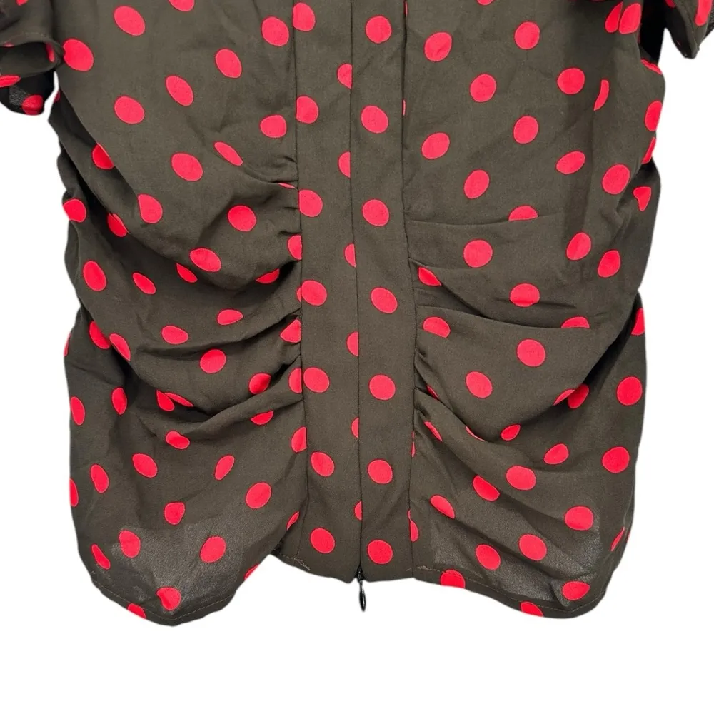 Amadi Brown Red Polka Dots Top size Small Ruched Ruffle Flutter Short Sleeves - Image 6