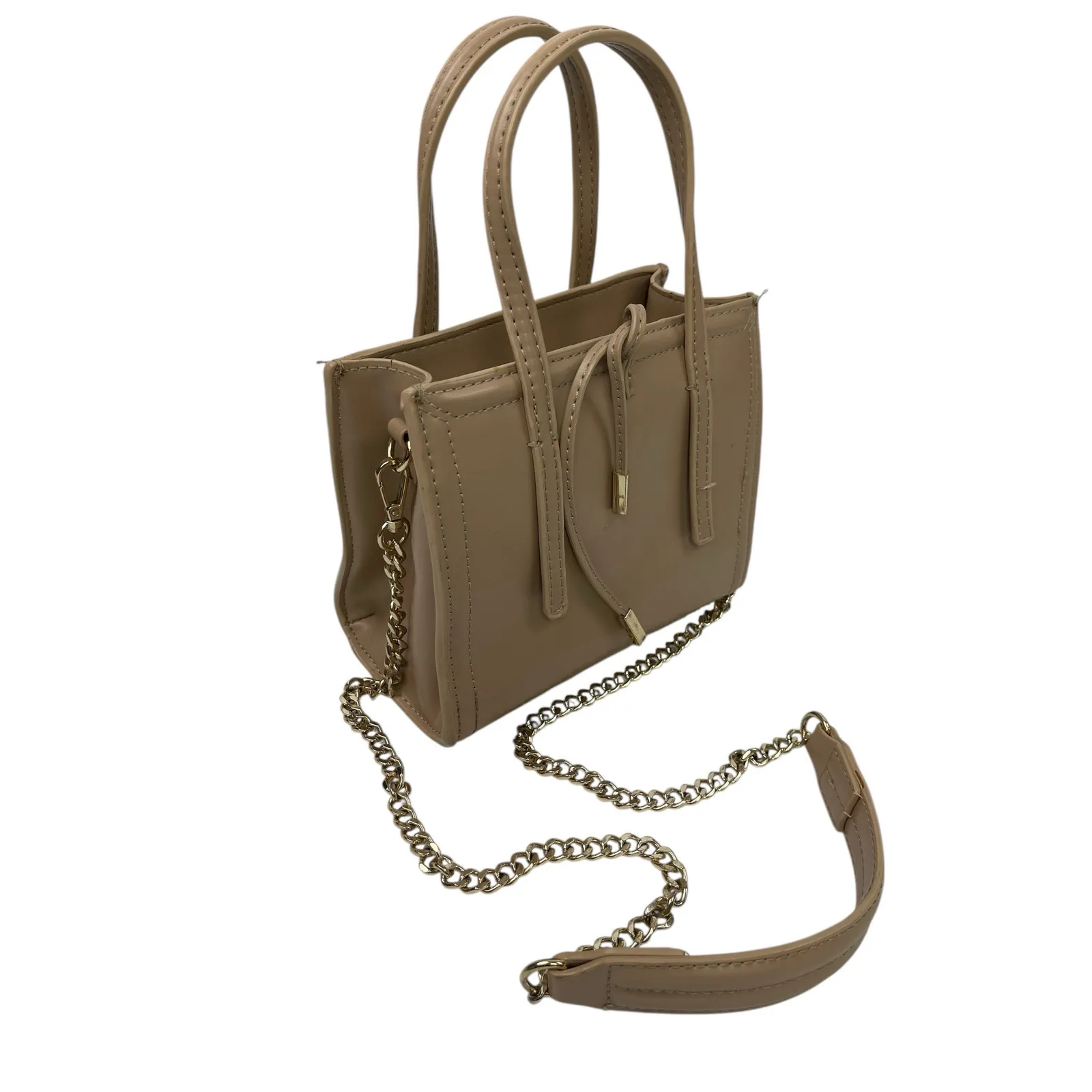Zara Mini City Beige Faux Leather Vegan Chain Crossbody Bowling Satchel Bag - Image 3