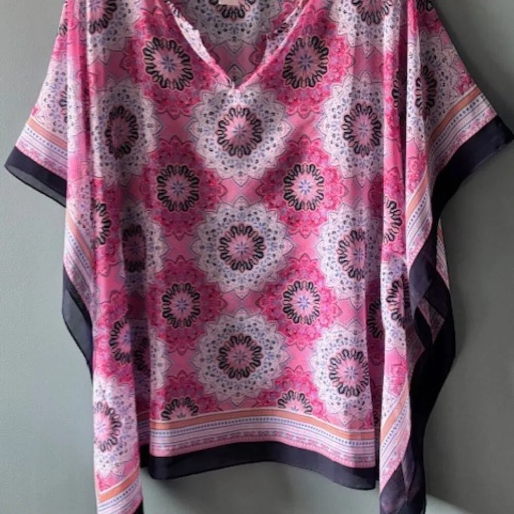 Talbots Womens Pink Navy Blue Lotus Floral Sheer V Neck Shawl Coverup L/XL - Image 2