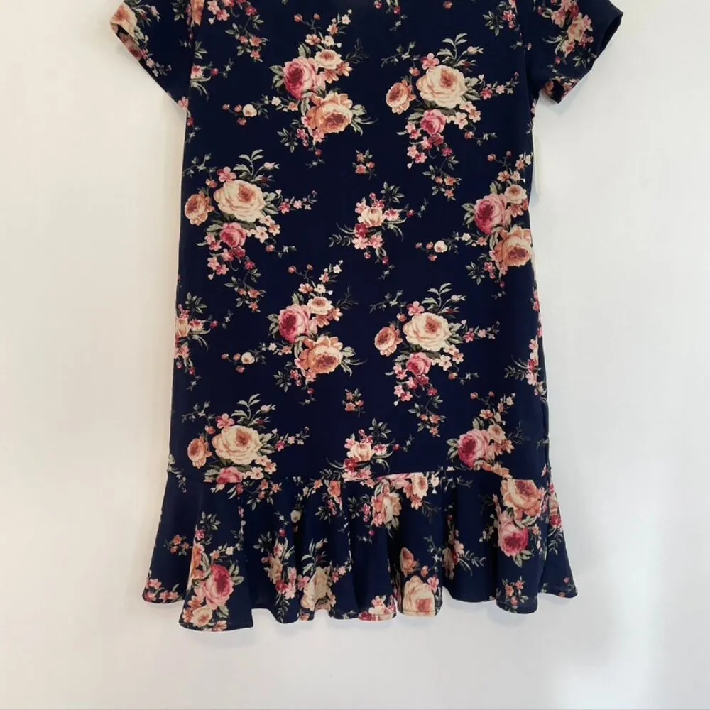 NEW NWT BLUE RAIN FRANCESCA'S Navy Blue Pink Cream Floral Ruffle Shift Dress M Size M - Image 3