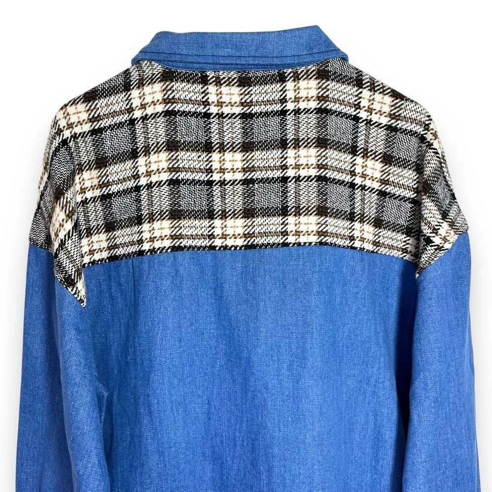 Chambray Denim & Plaid Flannel Shacket | Women's Plus Size 2X | Unbranded Jacket Blue - Image 5