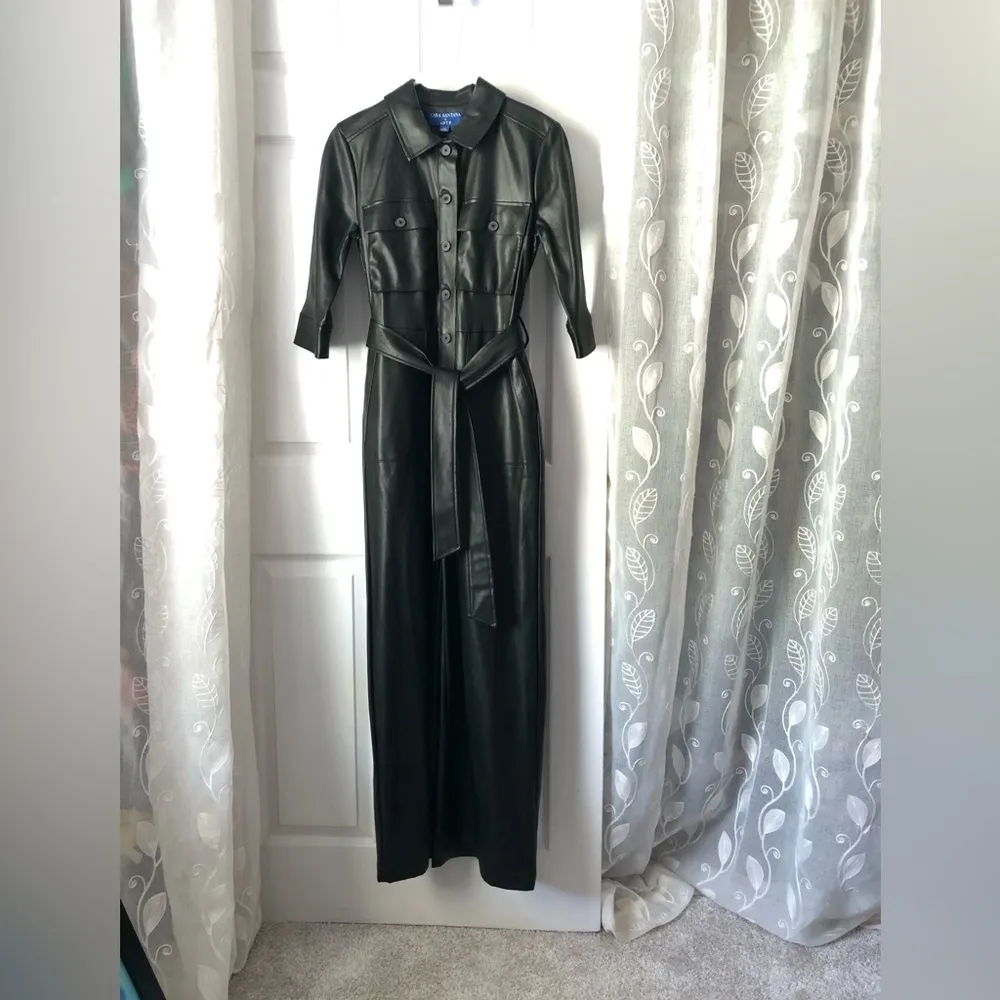 APT. 9 Cara Santana Women Faux Leather Jumpsuit Women sz XS buttons front belt - Image 2