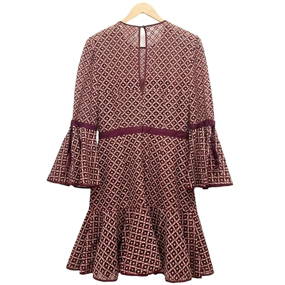 Cinq a Sept Cosette Dress Bell Sleeve Mulberry Pink Lace Overlay Babydoll Size 8 Red - Image 4