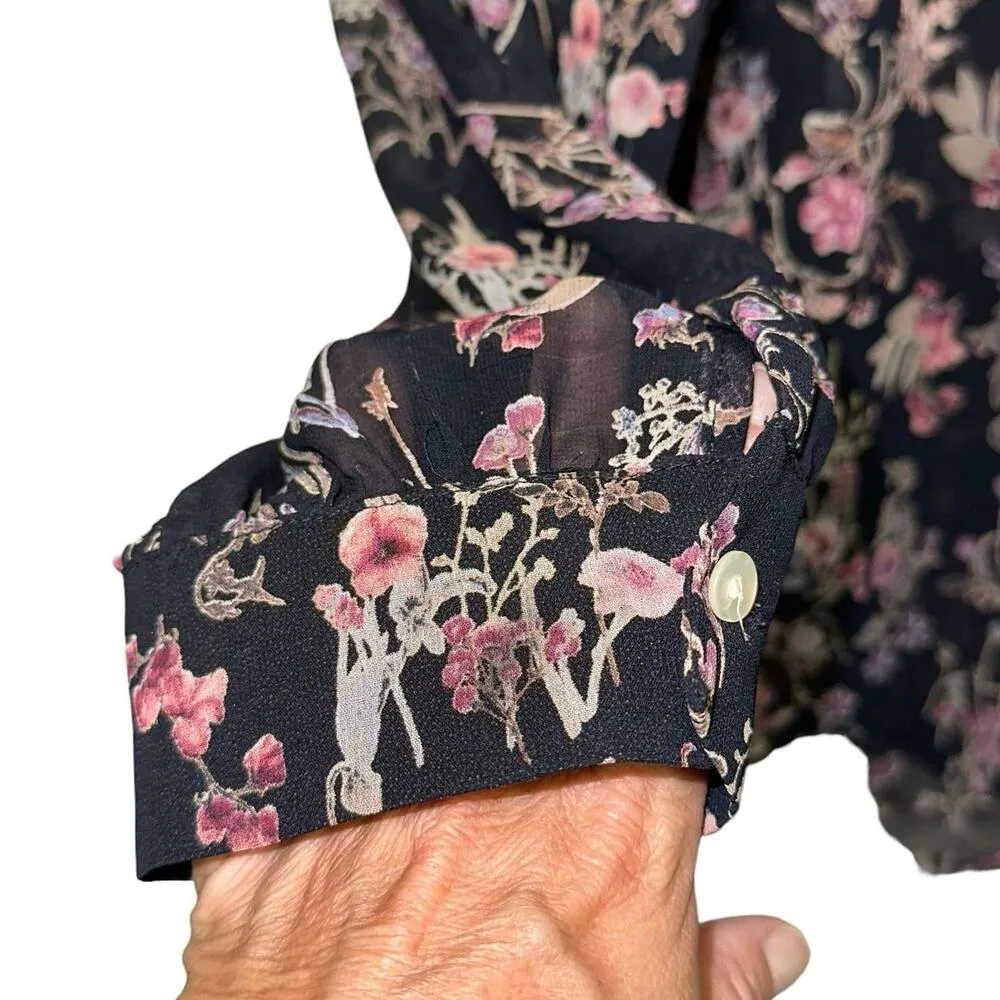 Lumiere Navy Floral Sheer Button Down Blouse Blue Size L - Image 2