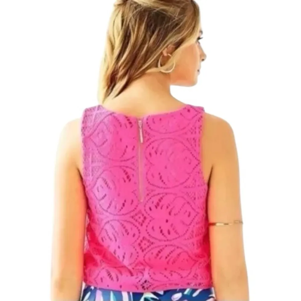 Lilly Pulitzer Cindi Sleeveless Cropped Leaf Palm Lace Top in Dragonfruit - Image 3