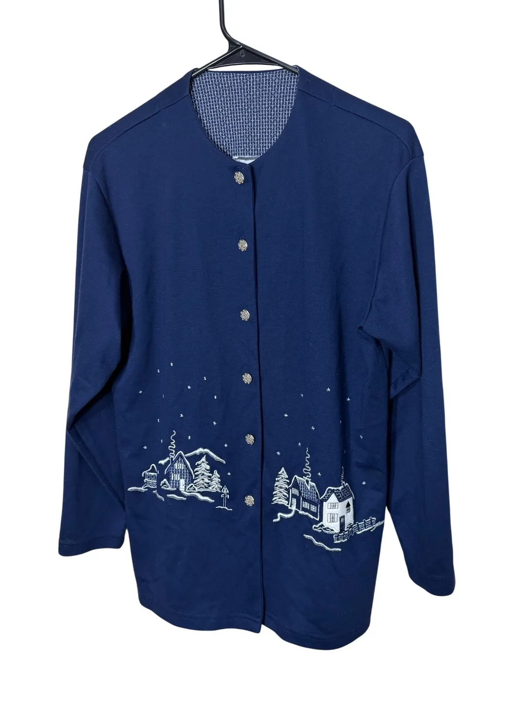 Navy Blue Embroidered Winter Scene Button Up Cardigan Women's Long Sleeve Size L - Image 1