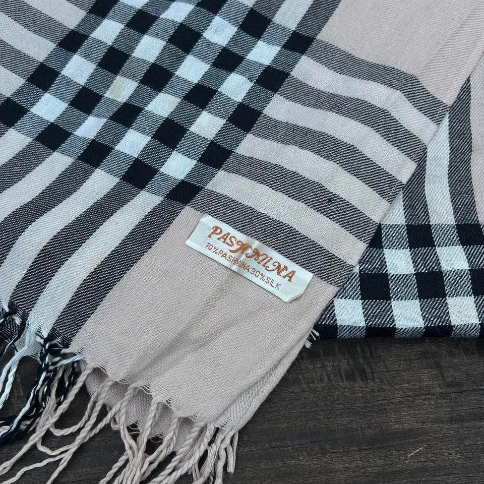 Vintage Pashmina and Silk Cream/Black Plaid Shawl Scarf Wrap - Image 2