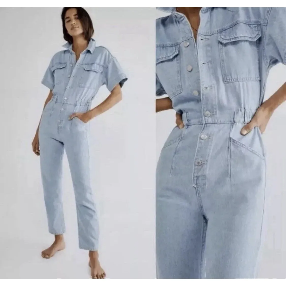 Free People We The Free Marci Jumpsuit Womens Medium Blue Denim Light Wash Boho - Image 3