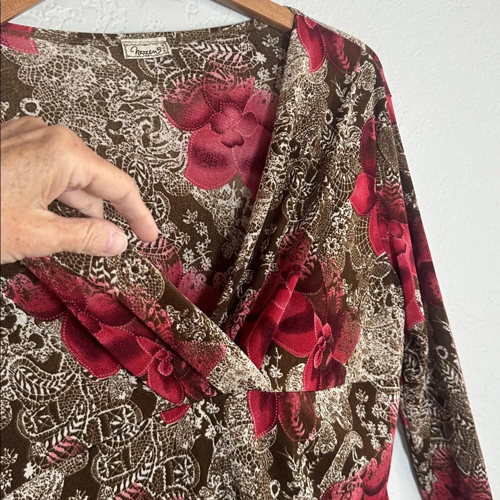 Vintage Y2K Nexxen Red Brown Floral Babydoll Top Blouse Goth Indie Print Large - Image 3