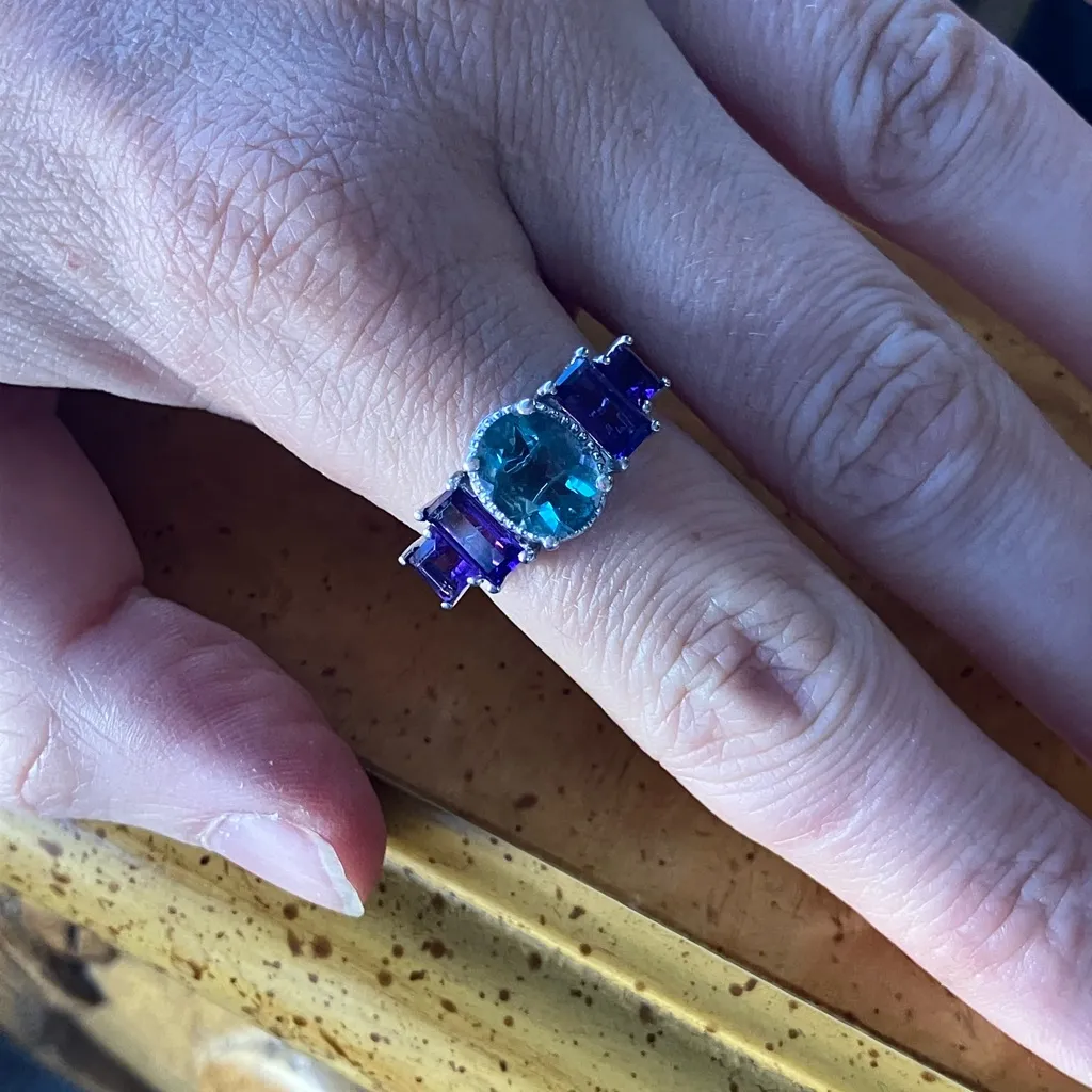 Teal Color Changing Fluorite Amethyst Art Deco Ring Size 8 Silver - Image 5