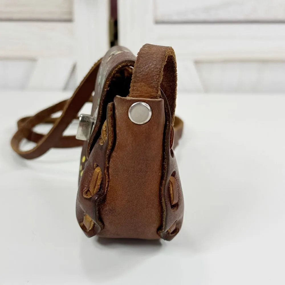Vintage Mexican Hand Painted Tooled Leather Mini Bag Purse Brown - Image 2