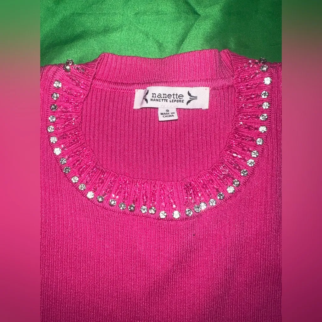 Nanette Lepore Fuchsia Knit Top with Embellished Neckline size Small - Image 4