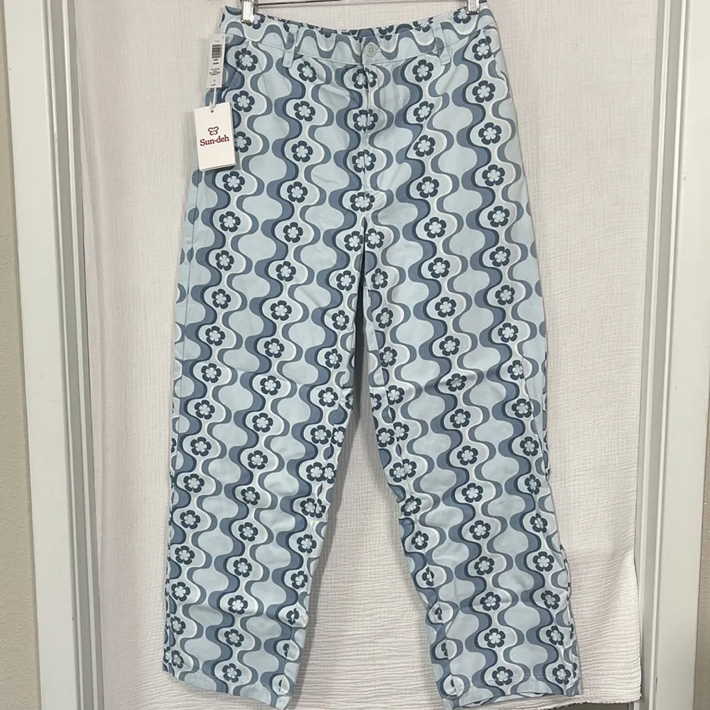 Aritzia Sun-deh Jaden 70's Vector Blue Geo Floral Twill Cotton Pant wide‎ leg 12 - Image 4