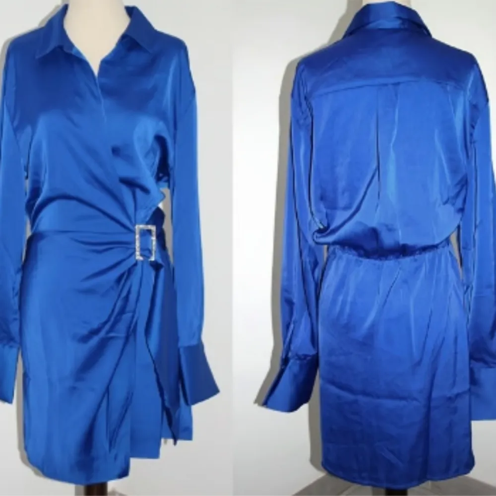 NWT House of Harlow 1960 Blue Satin True Wrap Dress Rhinestone Buckle Sz XL - Image 3