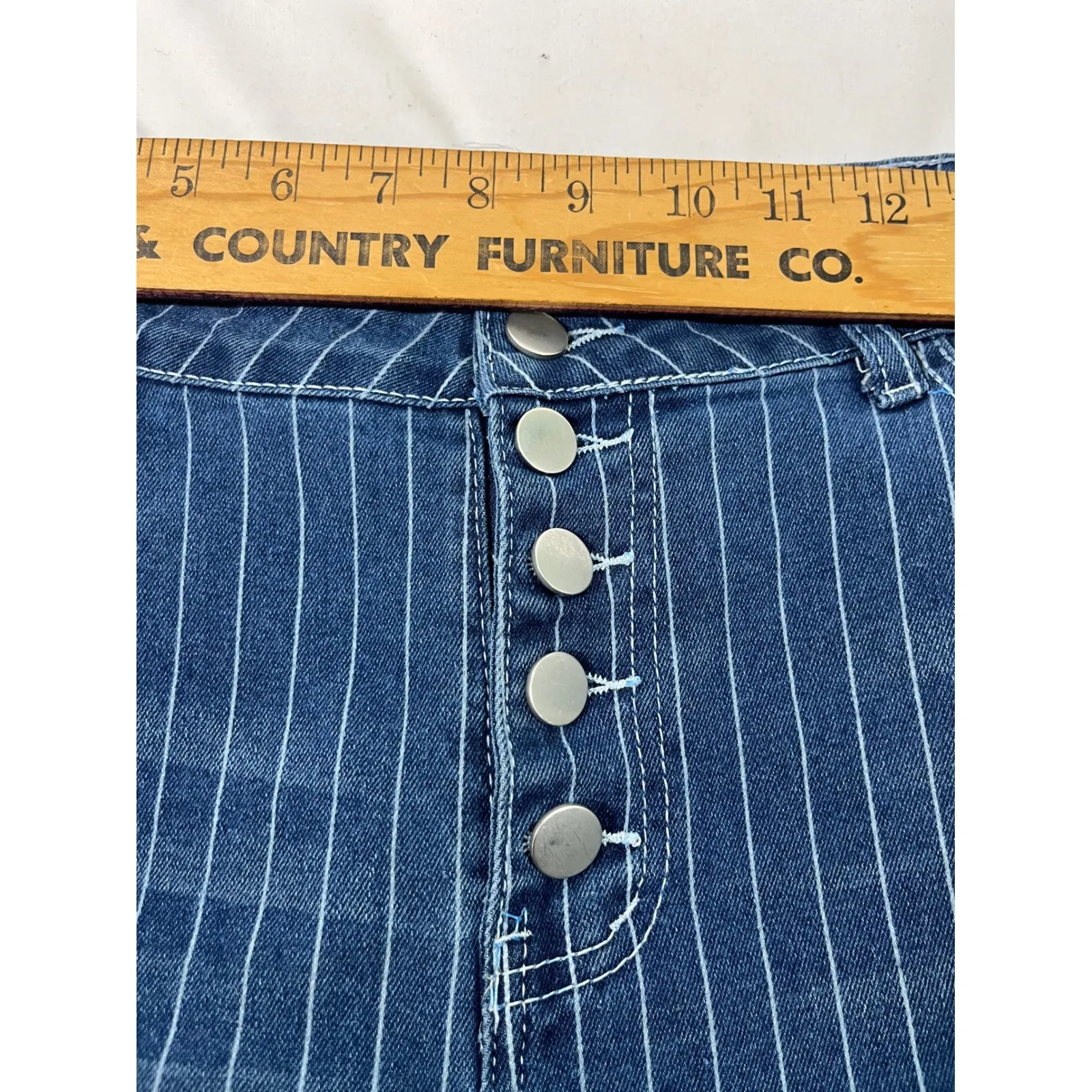 Womens Bell Bottom Jeans Pinstripe Flare Button Fly Boho Hippie Denim Pants XL Blue - Image 5