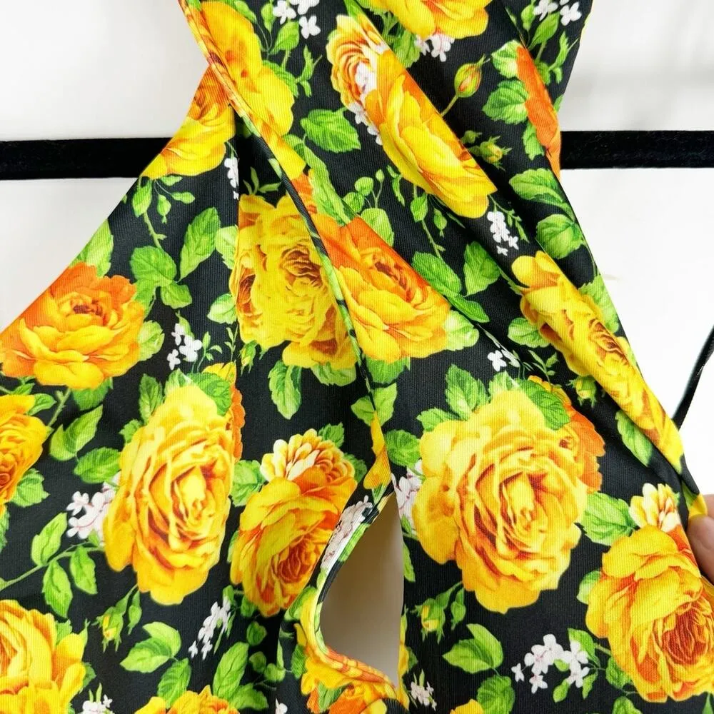 Zara Womens Criss Cross Halter Bodysuit Yellow Floral Black Medium - Image 3