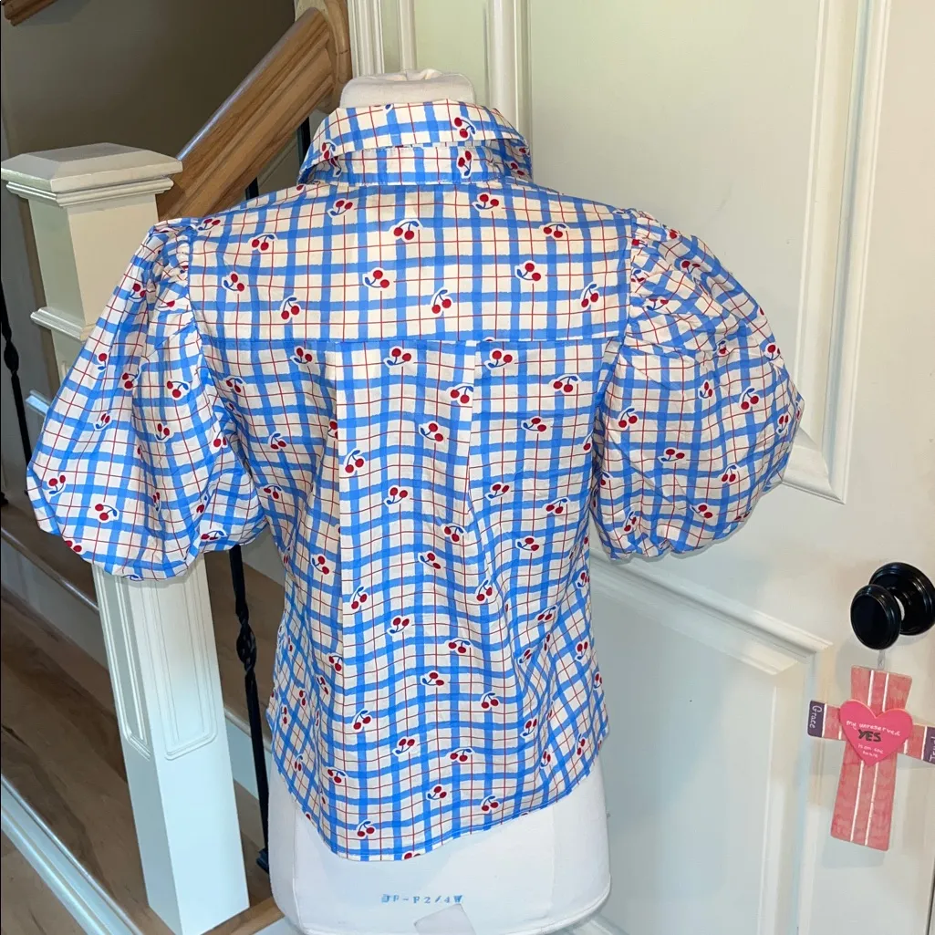 Avara Pinch Sommer Top Puff Short Sleeve Blue Red Cherry Print New Size XS - Image 7