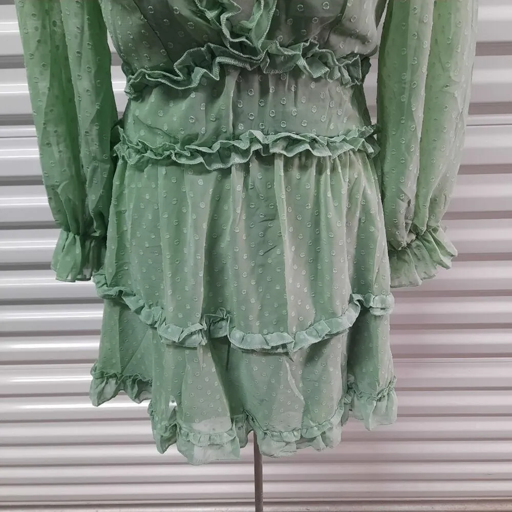 Women's Dress Small Green Swiss Dots Ruffled Cottagecore Fairycore Prairiecore - Image 8