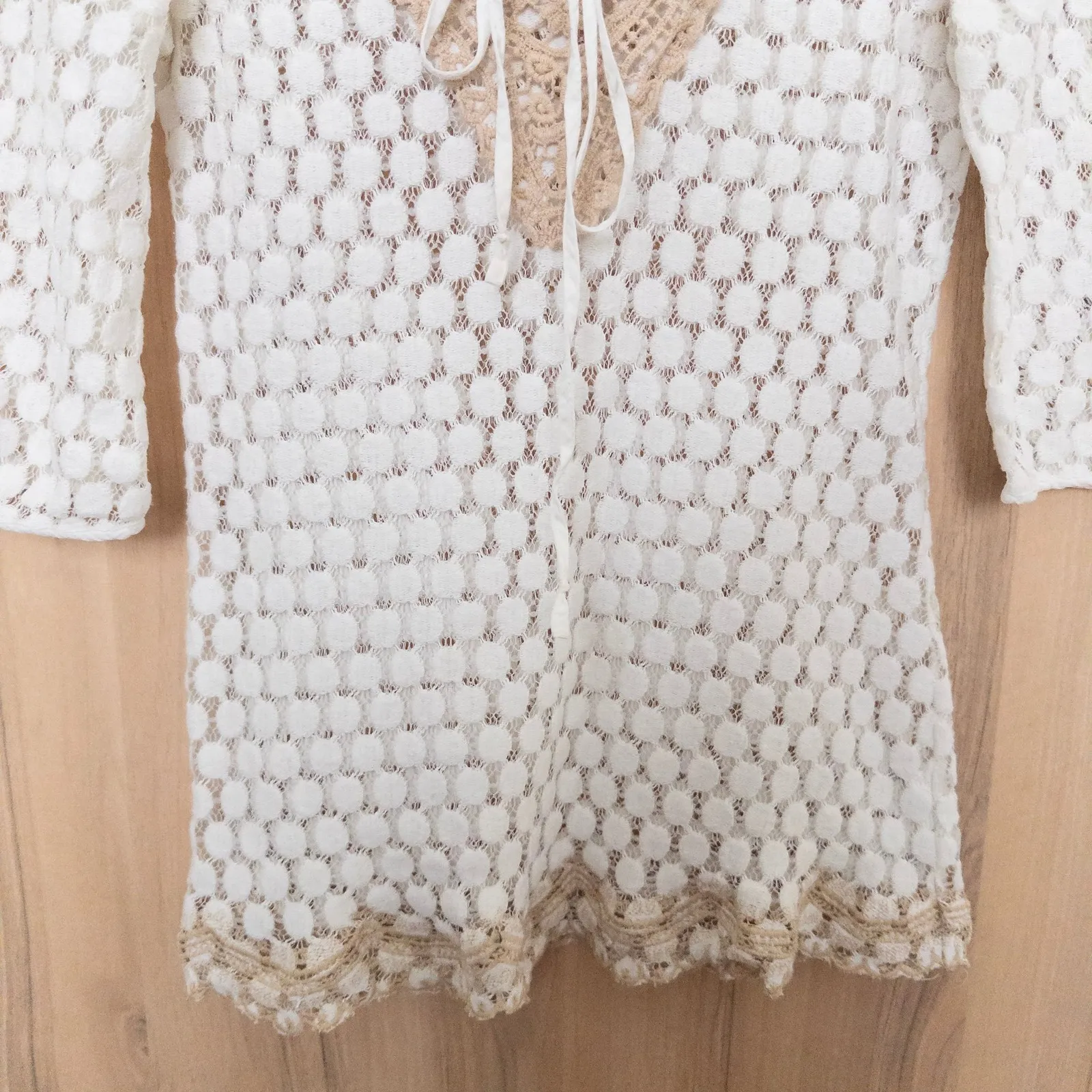 Solitaire Womens Lace Crochet Top Size M Ivory Sheer Boho Cottage Beach Festival - Image 3