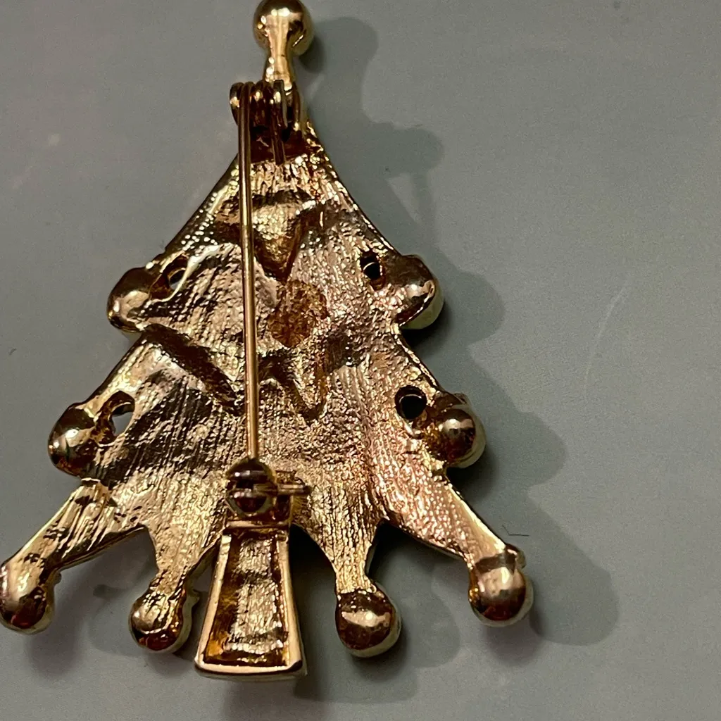 Christmas Tree Brooch Green With Multicolor Gemstones VTG - Image 9