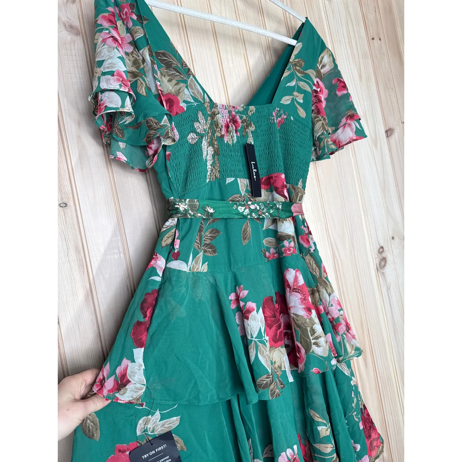 NWT Lulus Midnight Mood Teal Green Floral Print Tiered Maxi Dress Cruise Size L - Image 6