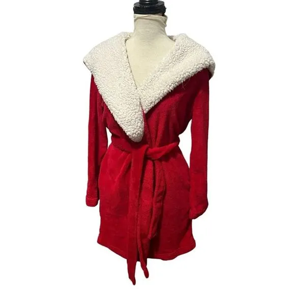 Victoria's Secret Cozy Hooded Plush Fleece W Sherpa Short Robe Vibrant Red XS/S - Image 2