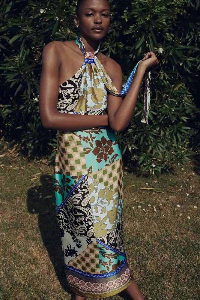 dress maxi Multicolor Halter printed satin effect casual wedding party - Image 4