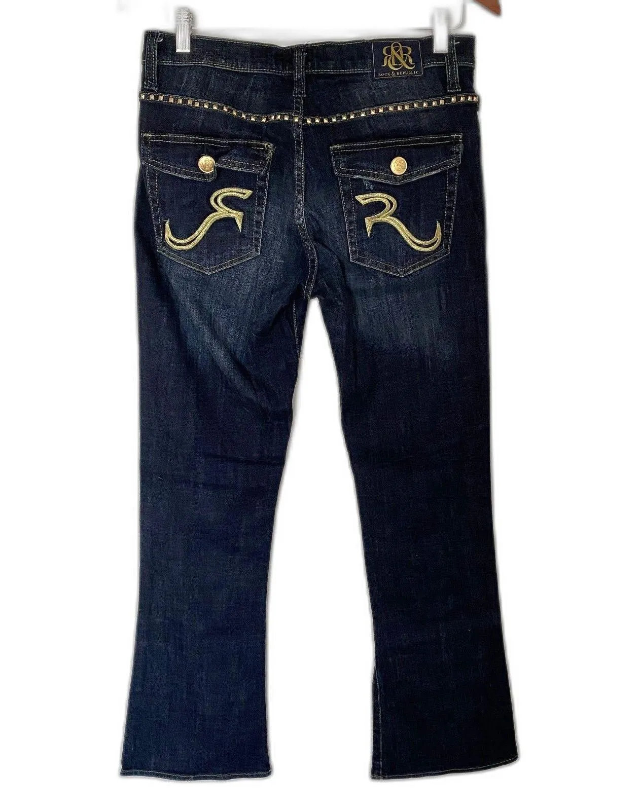 Rock & Republic Kasandra Y2K Dark Wash Bootcut Jeans Gold Studs Distressed Sz 10 - Image 2