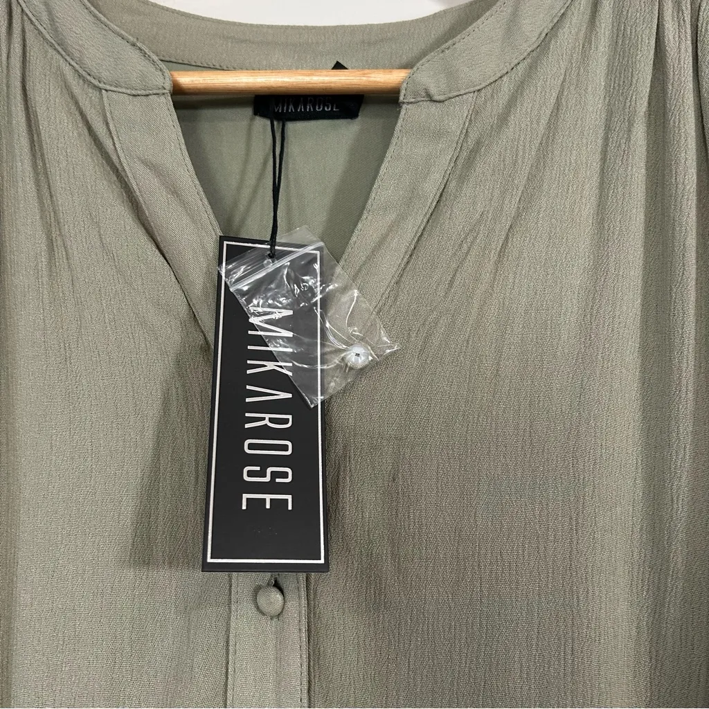 Mikarose Sage Green Tiered Midi Dress Large Rayon Short Sleeve Button Front NWT - Image 4