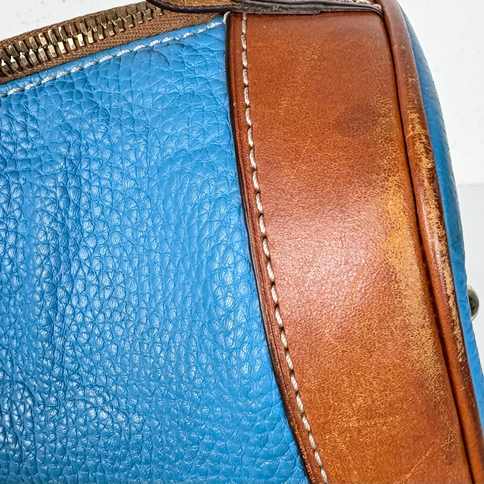 Dooney & Bourke Zip Zip Pebble Grain Domed Satchel Blue Brown with Red Interior - Image 14