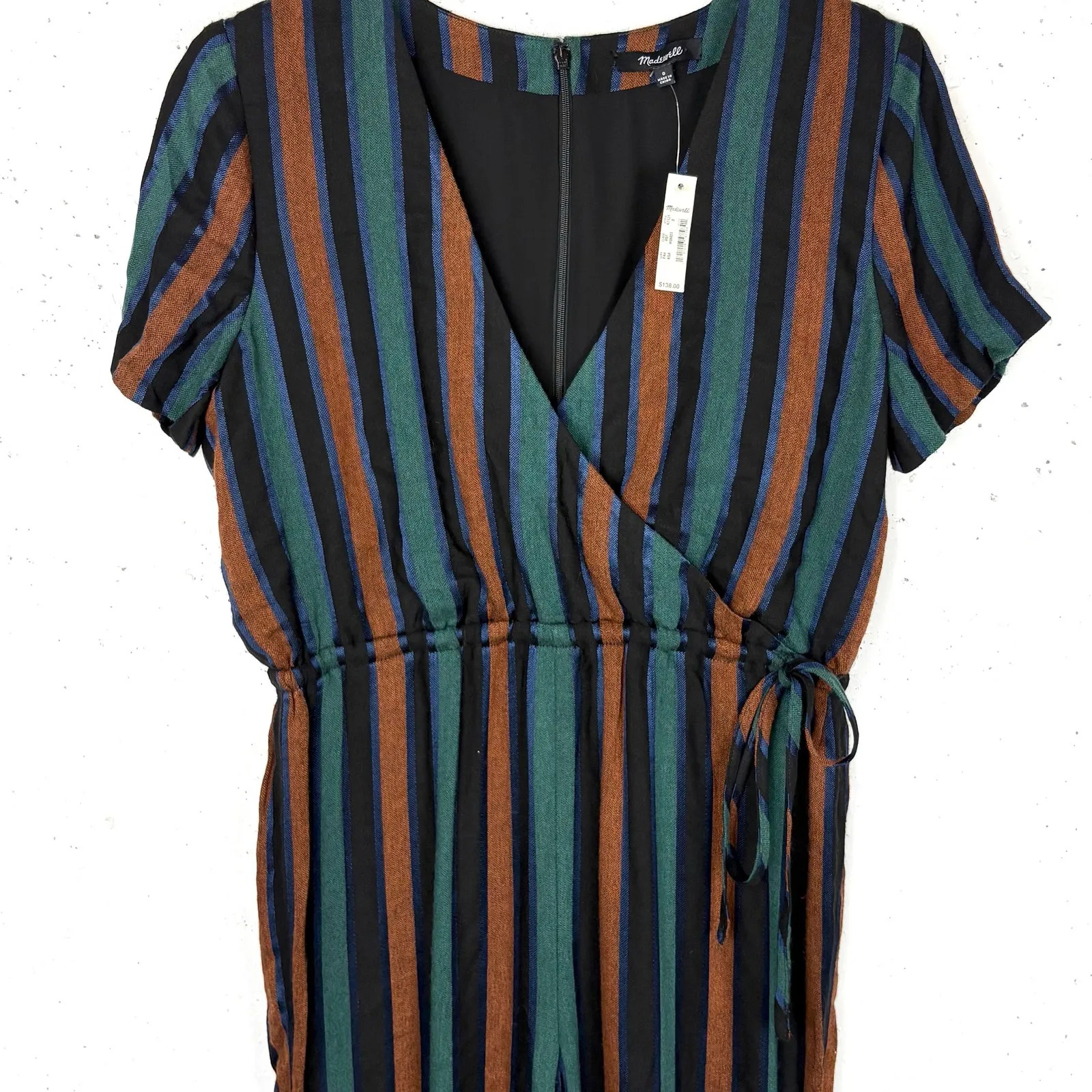 Madewell Women Kent Stripe Short Sleeve Jumpsuit Faux Wrap Elastic Waist Size 0 - Image 10