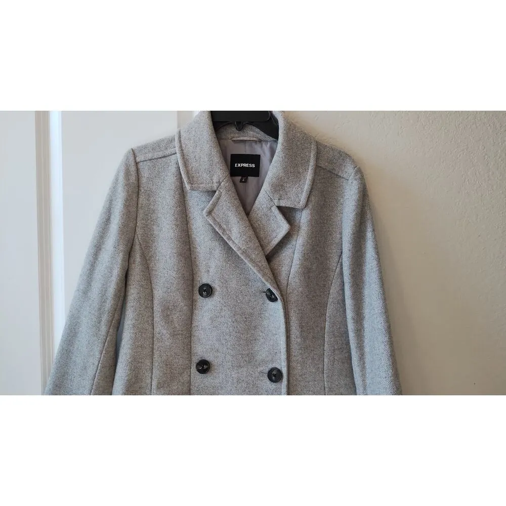 Express Wool Blend Womens Coat Small Gray Double Breasted unbelted Black Buttons - Image 2
