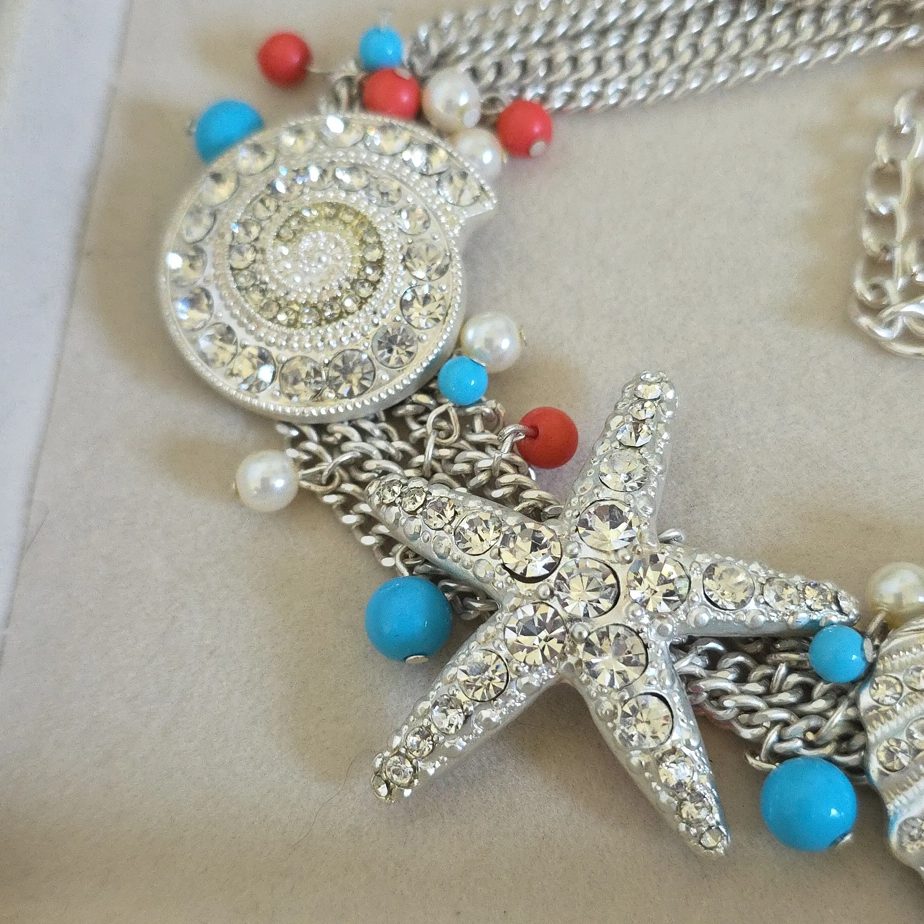 Vintage Silver Chain Choker Necklace Earrings Set Chunky Sea Life Blue - Image 3