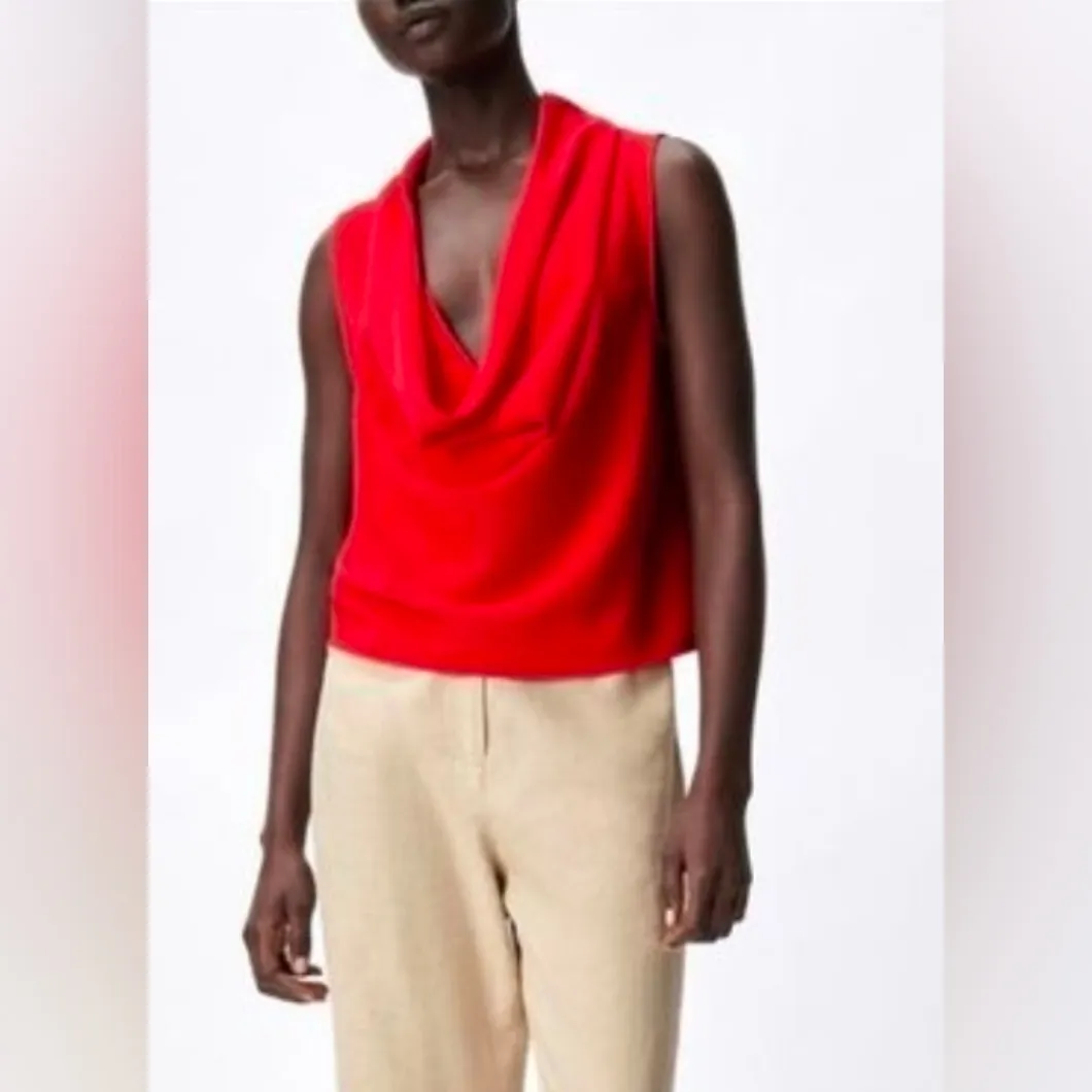 Zara Women's Vibrant Red Cowl Neck Crop Tank Size XS - Image 2