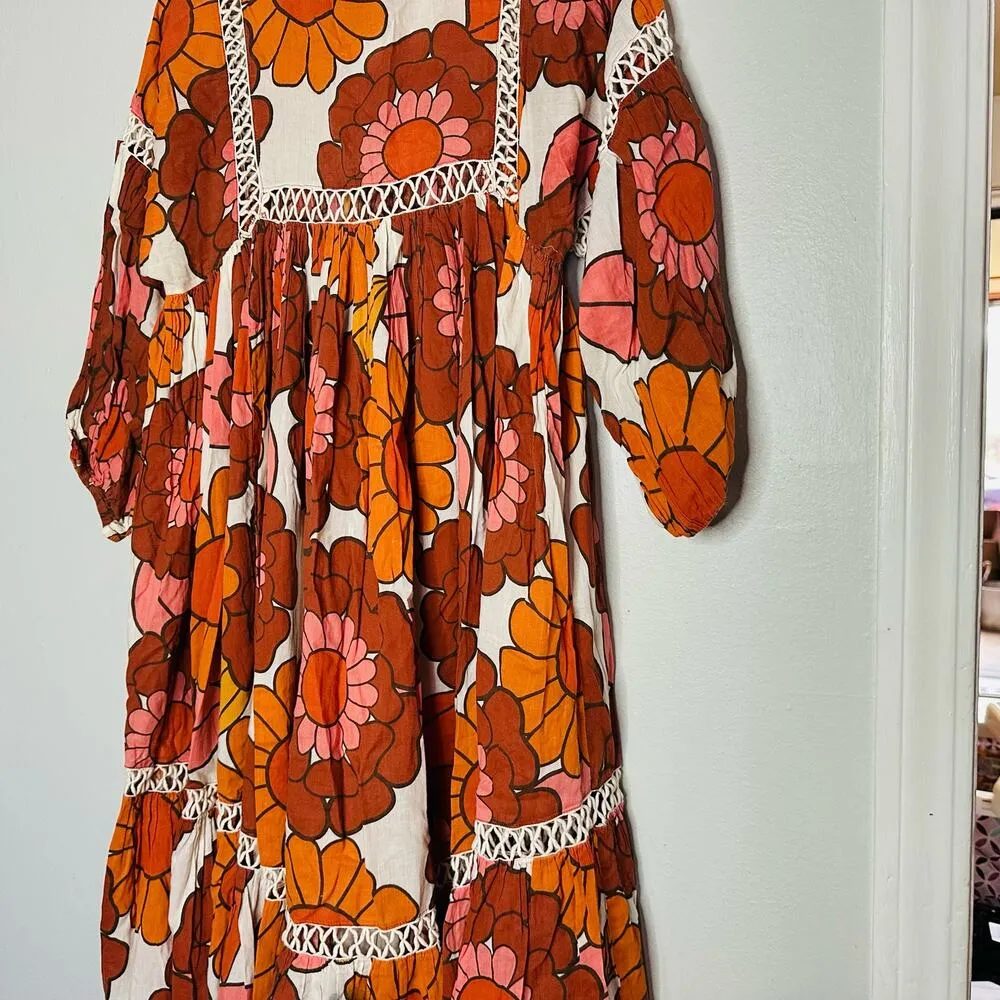 DODO BAR OR Nell Burnt Orange White Floral Lace Cutout Oversized Dress Size S - Image 9